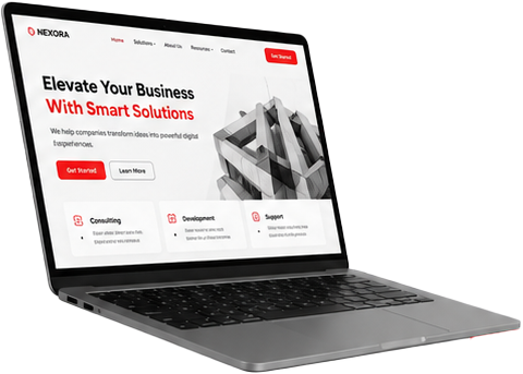 Laptop z otwartą stroną firmową, nagłówek o smart solutions i grafika nowoczesnego budynku
