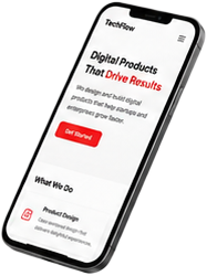 Ekran smartfona z ofertą TechGrow: Digital Products That Drive Results i czerwonym przyciskiem Get in touch