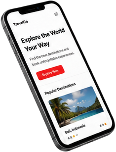 Smartfon z aplikacją podróżniczą, przycisk Explore Now i zdjęcie popularnego kierunku Bali, Indonezja